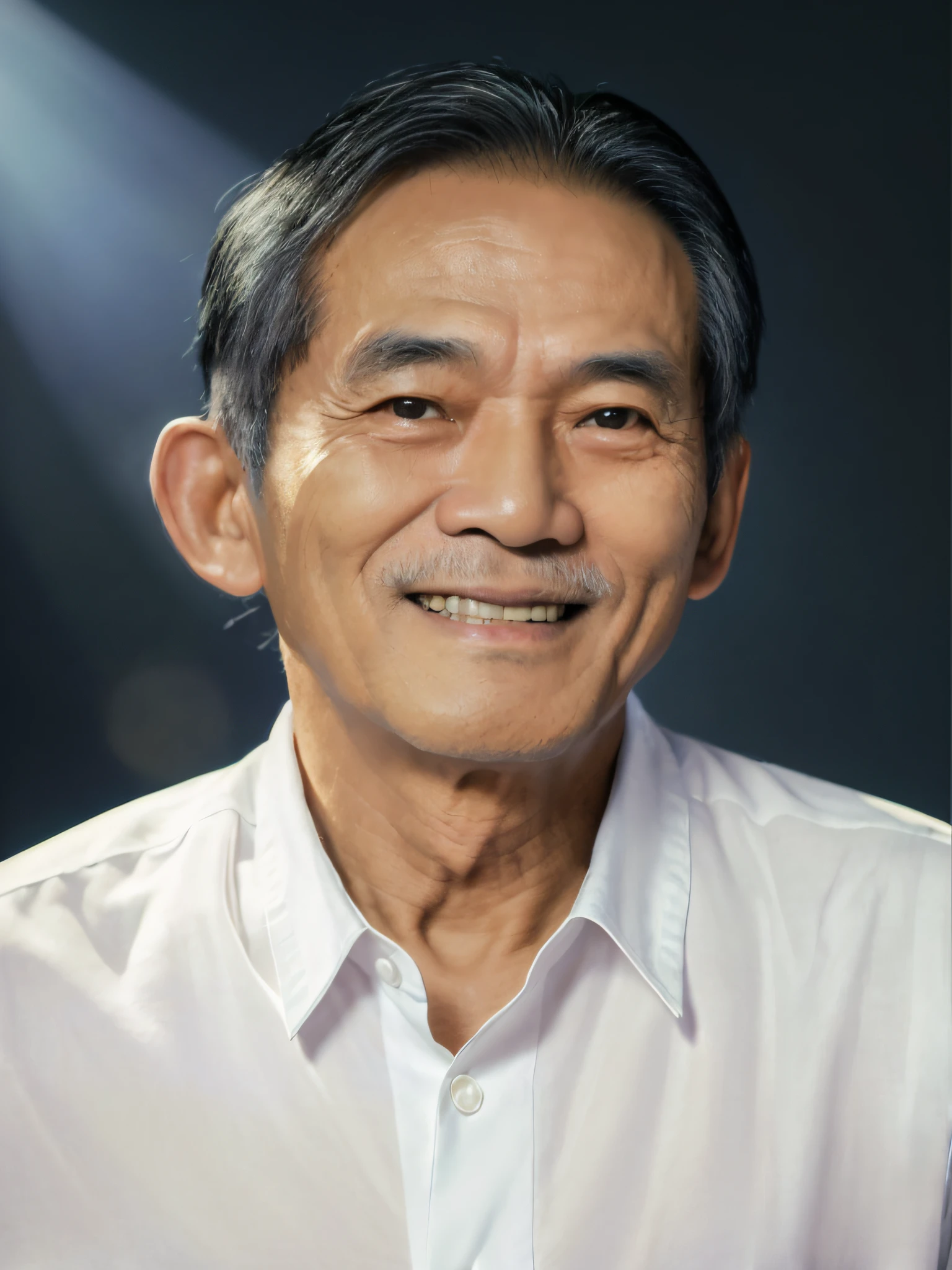 ((masterpiece), (best quality), (raw photo), (photorealistic:1.4), ((smooth image))Highly realistic photo, Portrait photo of a 70-year-old Vietnamese man),((wear white shirts)),The light from above shines down (dark blue background), photo taken in 1975 by Fujifilm XT3