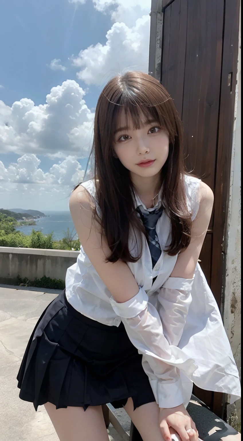 (Best Quality, High resolution, masutepiece :1.3), Pretty women,
Against the background of orangey sunset sky、Clouds and sun sink into the ocean, Beautiful schoolgirl in uniform sitting. Her hair is light brown, Eta、It's medium bob style. She wears a white blouse and pleated skirt as part of her uniform. She sits with her legs apart, And her gaze is directed to the camera. Create this scene from a low angle shot.