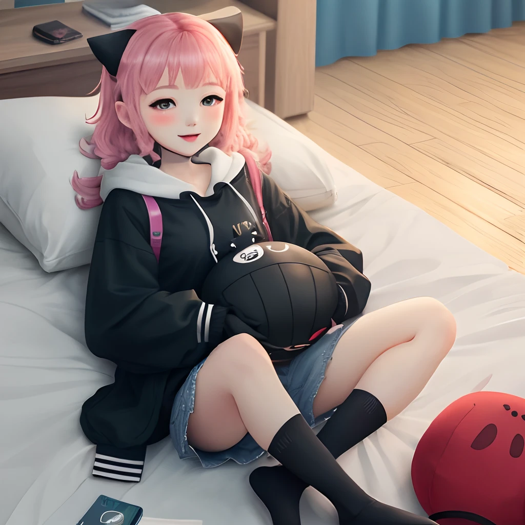 cute kpop girl, pee diaper, wet diaper, hoodie, smile, eye contact, long hair, black hair, lying in bed