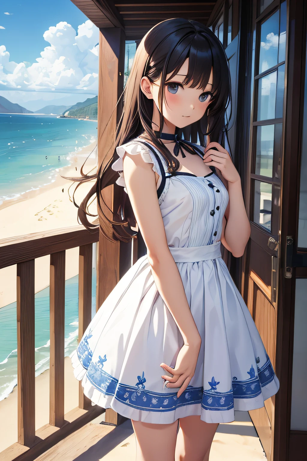 ​masterpiece、Background with（（sea side、sand beach））、15yo student、a beauty girl、small tits、Highly detailed embroidery on the dress、skirt by the、