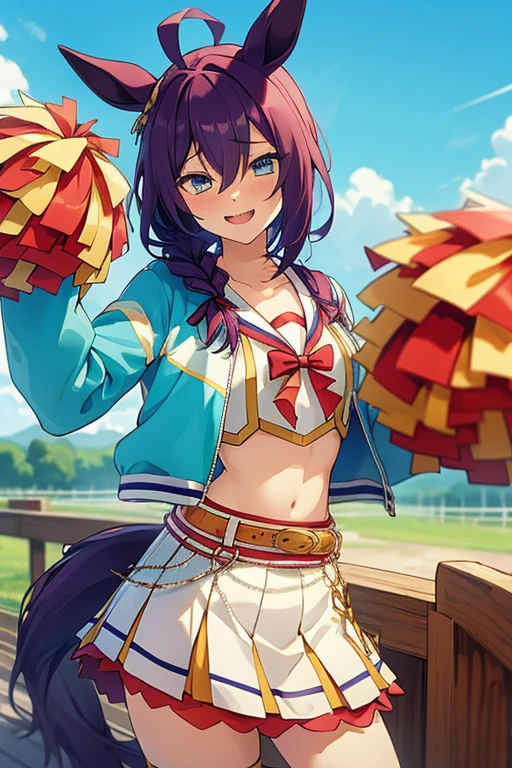 long hair, mole under mouth, purple hair, single braid, hair between eyes, aqua eyes, sharp teeth, ahoge, blush, smile, cowboy shot, best quality,masterpiece, high res,original, beautiful detailed eyes,ultra-detailed, horse girl, horse ears, 1girl, (RUN&WIN), midriff, cheerleader, belt, crop top, white skirt, pleated skirt, white shirt, miniskirt, sailor collar, orange shorts, shorts under skirt, yellow belt, blue jacket, jacket, long sleeves, navel,  looking at viewer, open mouth, sweat, sky, cloud, breasts, collarbone, outdoors, blue sky