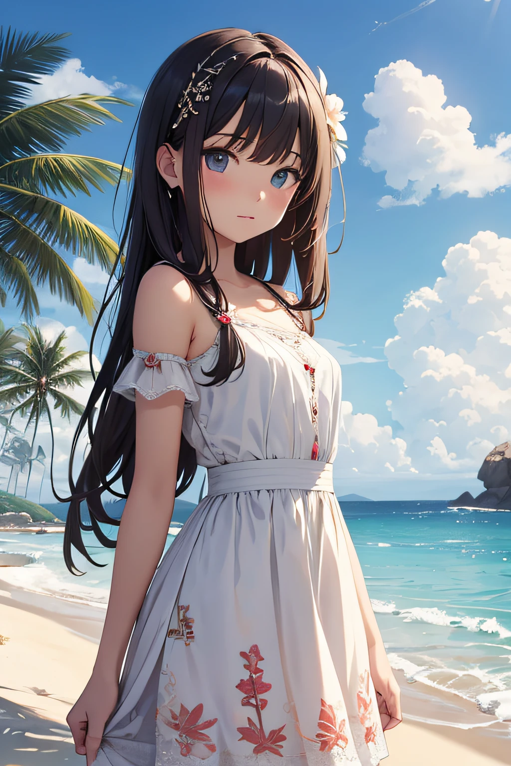 masterpiece、landscapes((Mysterious Sea、sand beach))、sixteen years old、huge tit、a beauty girl、Longhaire、Embroidered mini dress、hair adornments