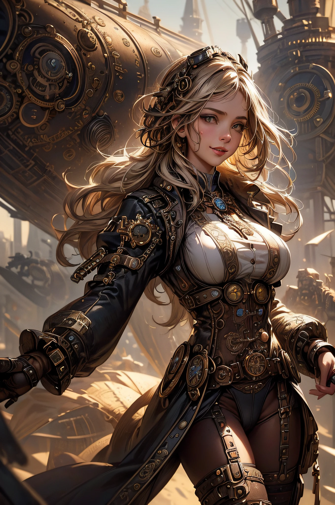 "(young girl in steampunk clothes, white skin, light brown hair, some mechanical parts, smiling at a scrap spider):1.2" , dynamic pose, crown braids, random hair color, random eye color, tenebrism art style painting,oil on canvas,(((natural firm breast, marked, very marked cameltoe, steampunk airship background landscape, full steampunk clothes intricate detail))), WLOP, sakimichan , stanley artgem lau,, hyperrealistic, trending on Artstation, Unreal Engine 5, 8k,concept art, insanely detailed, symmetrical, octane render, artistic, cinematic, ultra sharp focus, highly detailed, vibrant soul, perfection --auto