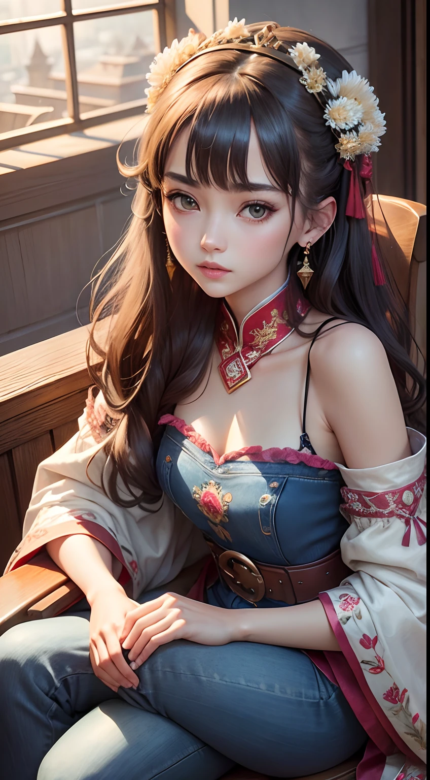 Best Quality, masutepiece, ultra-detailhigh-resolution, (Realistic: 1.4), Watercolor style, Illustration, Dazzling background color,, Skinny Girl with Weapons, (solo exhibition: 1.2), (denim lens: 1.2), (Hair crown: 1.2), Traditional Chinese Dunhuang costumes, No strap, (Red Eyeliner: 1.2), (: 1.4), earrings, Dynamic Angle, Opera House, Messy_long_hair, inky, movie lights, lens_f lare, velvet, chrysanthemums, tassels, bow ribbon, Color embroidery,sit a chair,