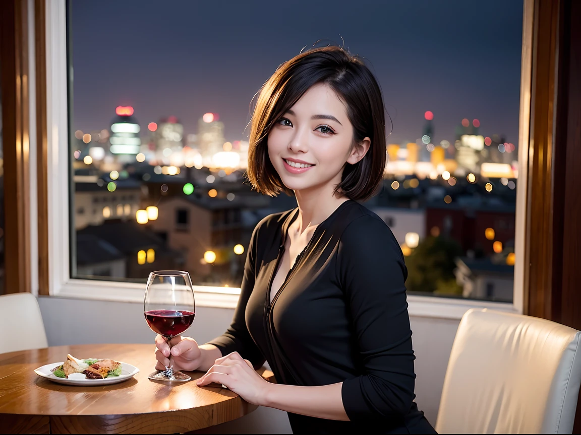 (64K, UHD, top quality, masterpiece: 1.2), (realistic, photorealistic: 1.37), super detailed, pretty woman 1 person, (slim face), (slim body), (brown hair), (short cut), cheeks slightly blushing, (44 years old), 38 years old, solo, beautiful detailed urban night view outside the window, restaurant, wine glasses sit, at night, in a prominent placeNovaFrogStyle, Actress, Model, Waist Up, White Wine, Slim, Wine Glass, Super Clean Night View, Wine Glass Put in the Middle, Happy Smile, (Smile: 1.15), Beautiful Fine Eyes, Upper Body, Bust Japan Up, Night, Short, Short, Actress, Model, Waist Up, White Wine, Slim, Wine Glass, Super Clean Night View, Wine Glass Put in the Middle, Happy Smile,