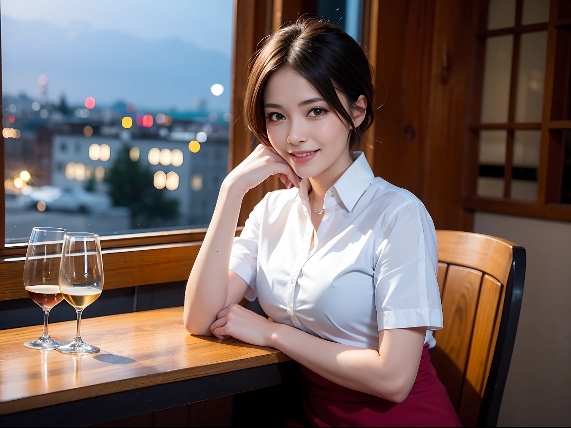 (64k uhd、nffsw、top-quality、masterpiece:1.2)、(realisitic、Photorealsitic:1.37)、Beautuful Women、Woman with good posture、japanes、Italian woman、French woman、A beautiful woman with a nice smile、Pretty women、(Slim Faces)、(Slim body)、(brawn hair)、(short-cut)、Short sleeved shirt、Neat and clean dress、Suits、Half Beauty、Longhaire、Wine Party、(45 yers old)、48yo、Wine lover、enjoying a glass of wine、Beautiful detailed urban night view outside the window、resturant、Have a glass of wine、Italian food on the table、(from waist up)、Beautuful Women、Beauty Witch、date、(A smile:1.15)、Beautiful fine eyes、Sitting on a chair、natta、(short-hair:1.2)、Float NovaFrogStyle、女優、modeled、from waist up、wine bottle、white wine、Slimed、wine glasses、red wine、Happy smile、Super Blessed