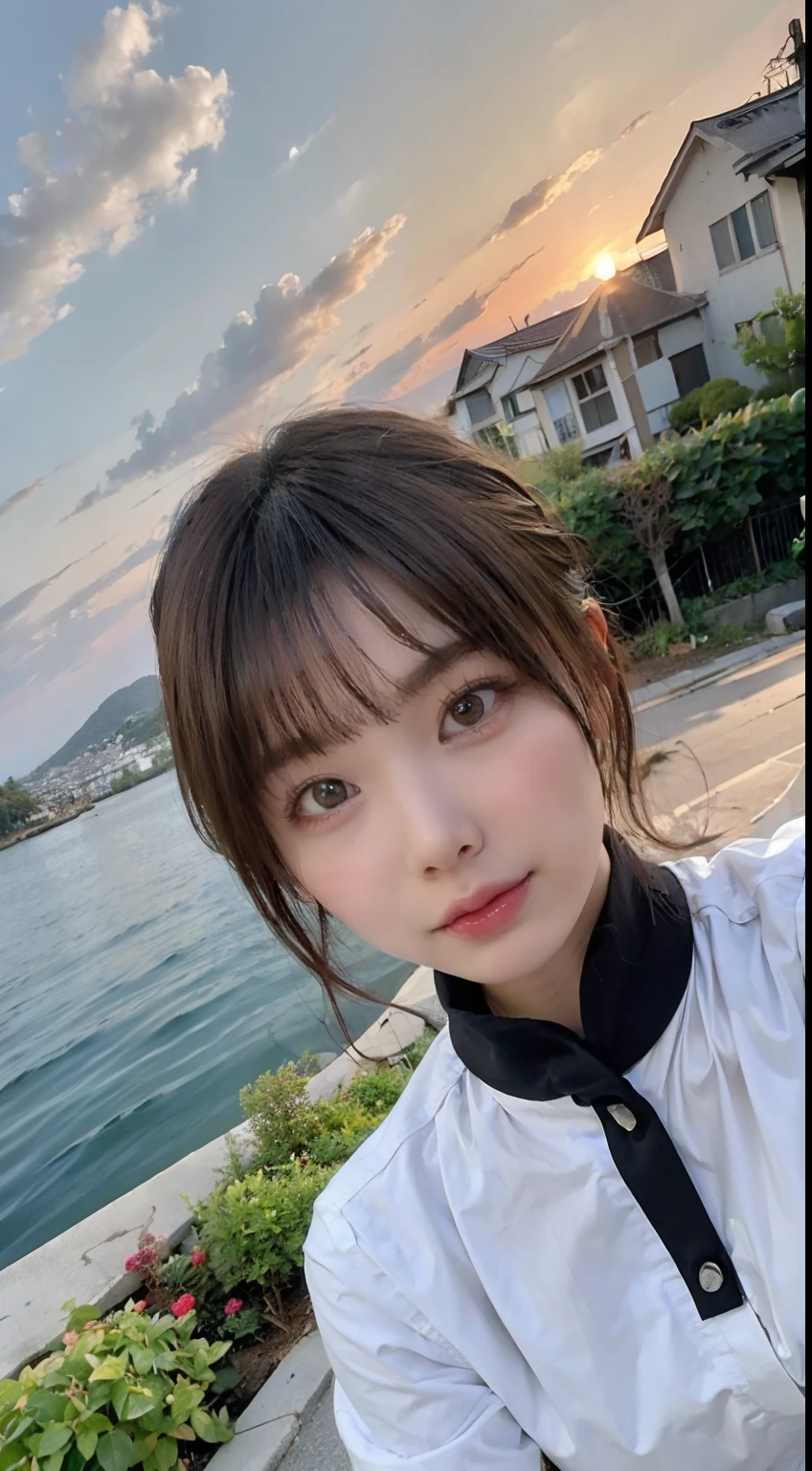 (Best Quality, High resolution, masutepiece :1.3), Pretty women,
Against the background of orangey sunset sky、Clouds and sun sink into the ocean, Beautiful schoolgirl in uniform sitting. Her hair is light brown, Eta、It's medium bob style. She wears a white blouse and pleated skirt as part of her uniform. She sits with her legs apart, And her gaze is directed to the camera. Create this scene from a low angle shot.