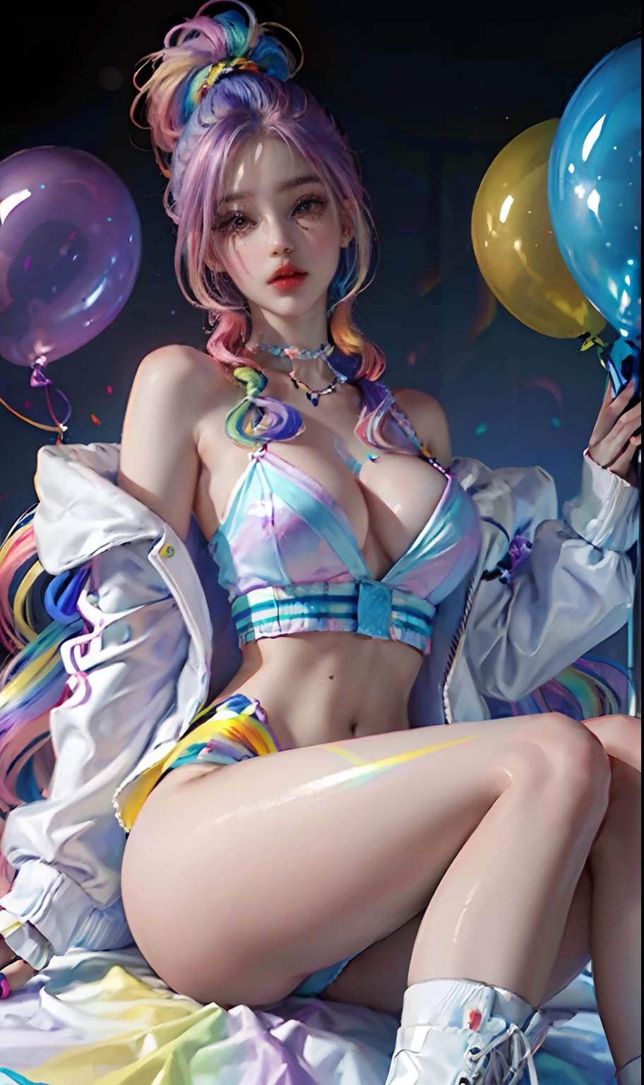 masterpiece, best quality,
1 girl, pretty and cute, (rainbow color Highlight Hair,colorful hair:1.4), wearing blue and purple sunglasses, yellow jacket with white pattern, white sweater, many colored balloons, doll face, ponytail braid, perfect detail eyes, delicate face, perfect cg, HD quality, colored balloons, sky ,black boots