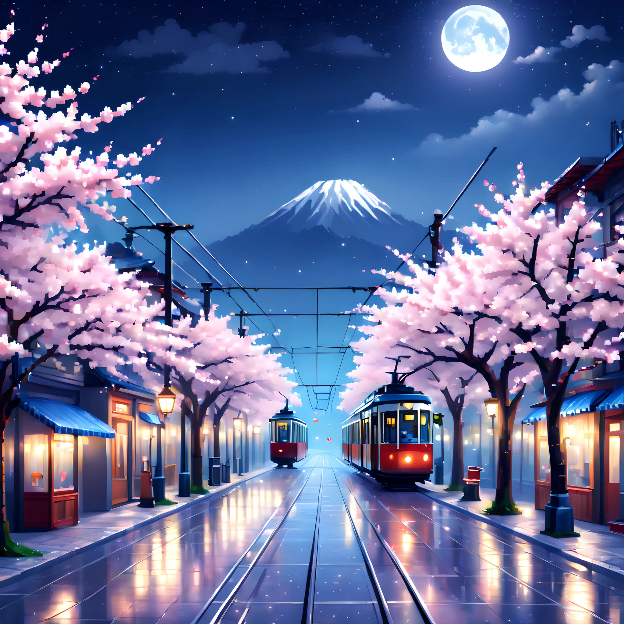 (Cherry blossom And Street:1.5),(landscape:1.5), (Pixel art:1.5), (pixel theme:1.5), (fantasy:1.5), (beautiful scenely:1.5),(landscapes:1.5),(cherry blossom trees:1.5),(tram:1.5),(tram railway centered on street:1.5),(spring:1.5),(street:1.5),(1900s:1.5),(Meiji:1.5),(Civilization and civilization:1.5), (beautiful scenery pixel art illustration:1.5),(night:1.5),(moonlight:1.5),(best quality:1.5),(masterpiece:1.5),