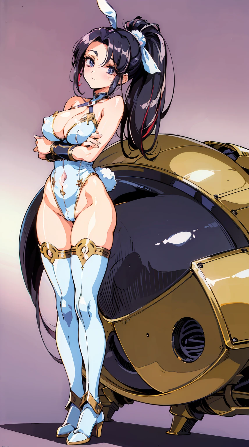 "(masterpiece:1.1), best quality,
1girl, (80s anime style:1.4), (eyelashes:1.5),(:1.2),
(intricate high detailed body:1.2),
black hair,
(forehead:1.2), (ponytail:1.1), (rabbit ears:1.2),
purple eyes,
(huge breasts:1.1),
light smile,
(silver embroidery leotard armor, criss-cross halter:1.2),
(knight armor, armored boots:1.2), (ribbon:1.1), (streaked hair:1.2), hand cuffs,
standing, crossed arms,
(full body, looking at viewer, from front:1.1),
(simple white background:1.2)"
