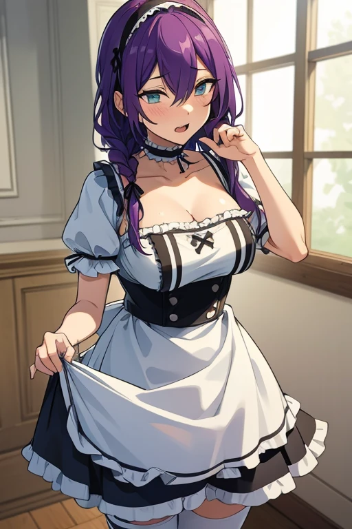 long hair, mole under mouth, purple hair, single braid, hair between eyes, aqua eyes, ahoge, shark teeth, blush, cowboy shot, (best quality:1.5), (masterpiece:1.5), (highres:1.5), high detailed, natural lighting, an extremely delicate and beautiful illustration, 1girl, slim legs,delicate and pretty,perfect face,beautiful detailed eyes, solo, large_breasts, cleavage, short_sleeves, looking_at_viewer, apron, blush, dress, thighhighs, frills, puffy_sleeves, choker, collarbone, anchor_choker, white_thighhighs, maid, open_mouth, window, white_apron, hairband, lace-trimmed_hairband, bangs, puffy_short_sleeves, lace_trim, skirt_lift, skirt, lifted_by_self, frilled_apron, frilled_choker, waist_apron