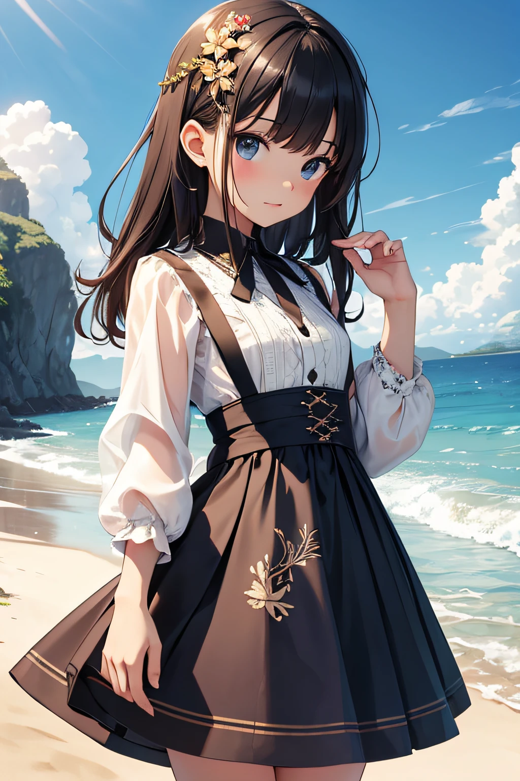 ​masterpiece、Background with（（sea side、sand beach））、15yo student、a beauty girl、small tits、Highly detailed embroidery on the dress、skirt by the、