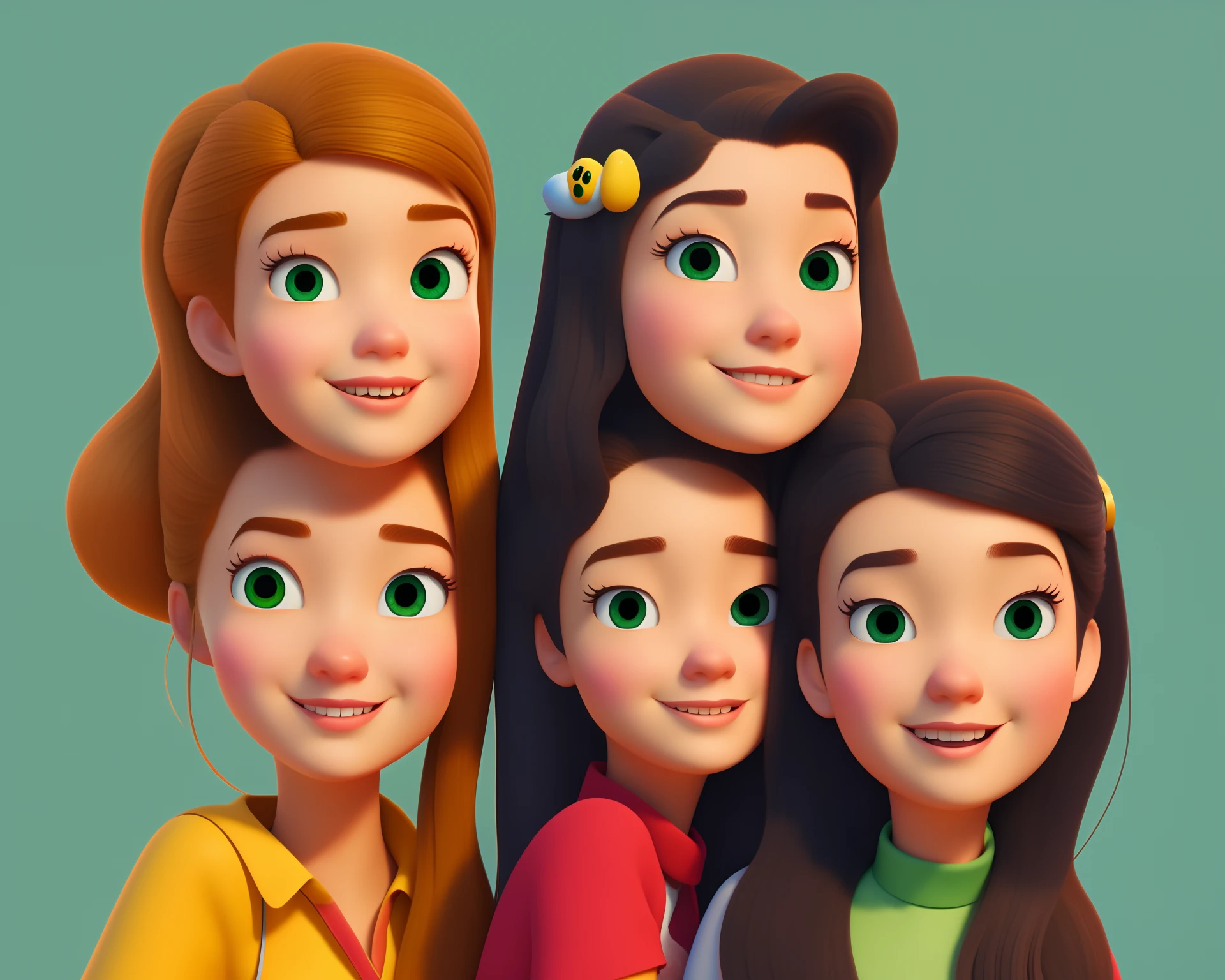 Disney Pixar style poster Two girlfriends, Laura and Polina, one has brown hair, gray green eyes, the other blonde hair, green eyes,
