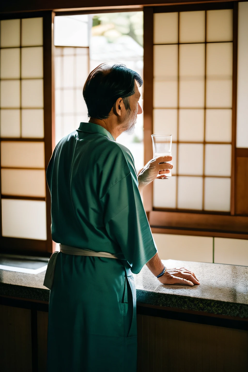 Back view of a Japan uncle standing and drinking in the kitchen of an old Japan house
