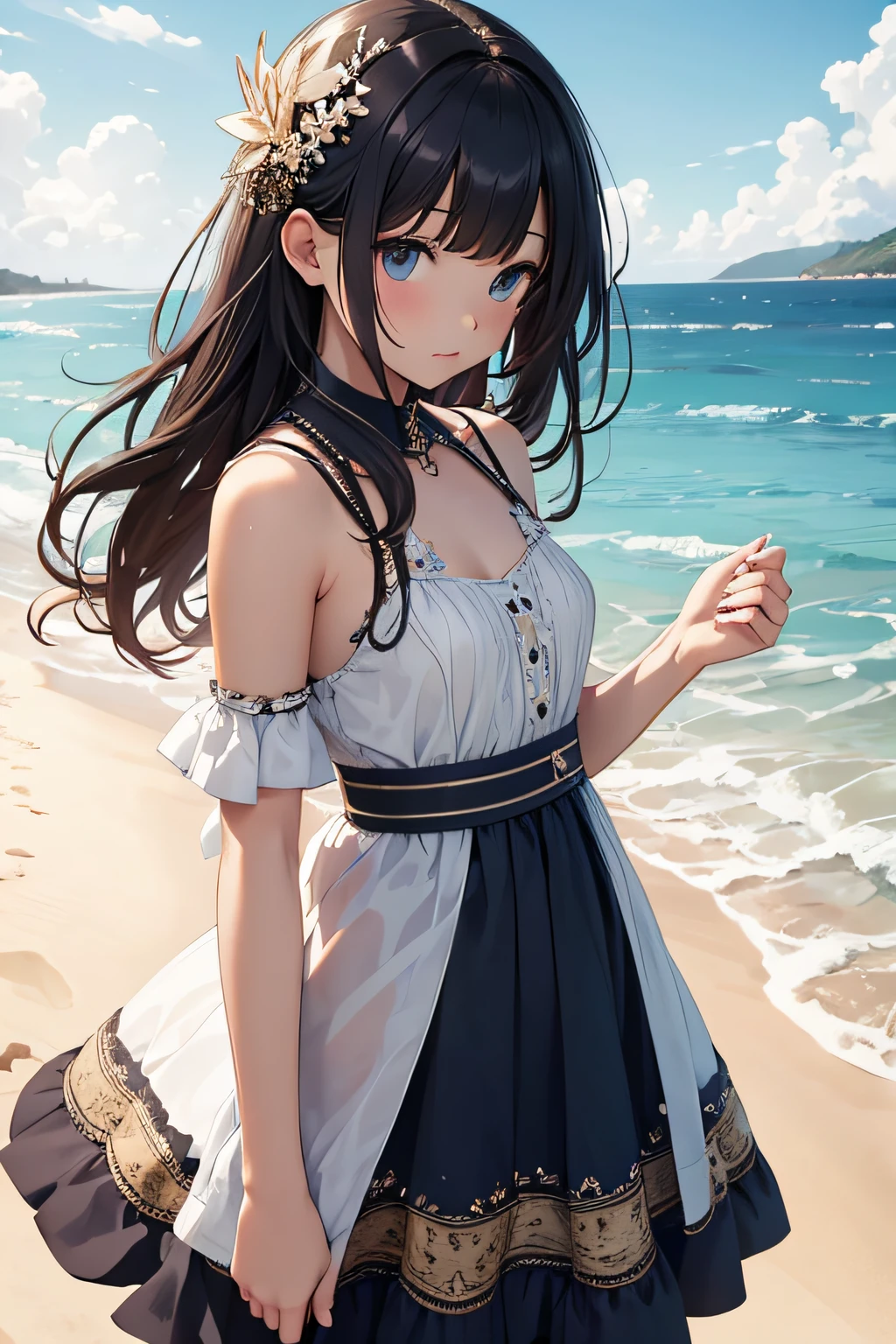 masterpiece、Background with((sea side、sand beach))、、a beauty girl、small tits、Highly detailed embroidery on the dress、skirt by the、