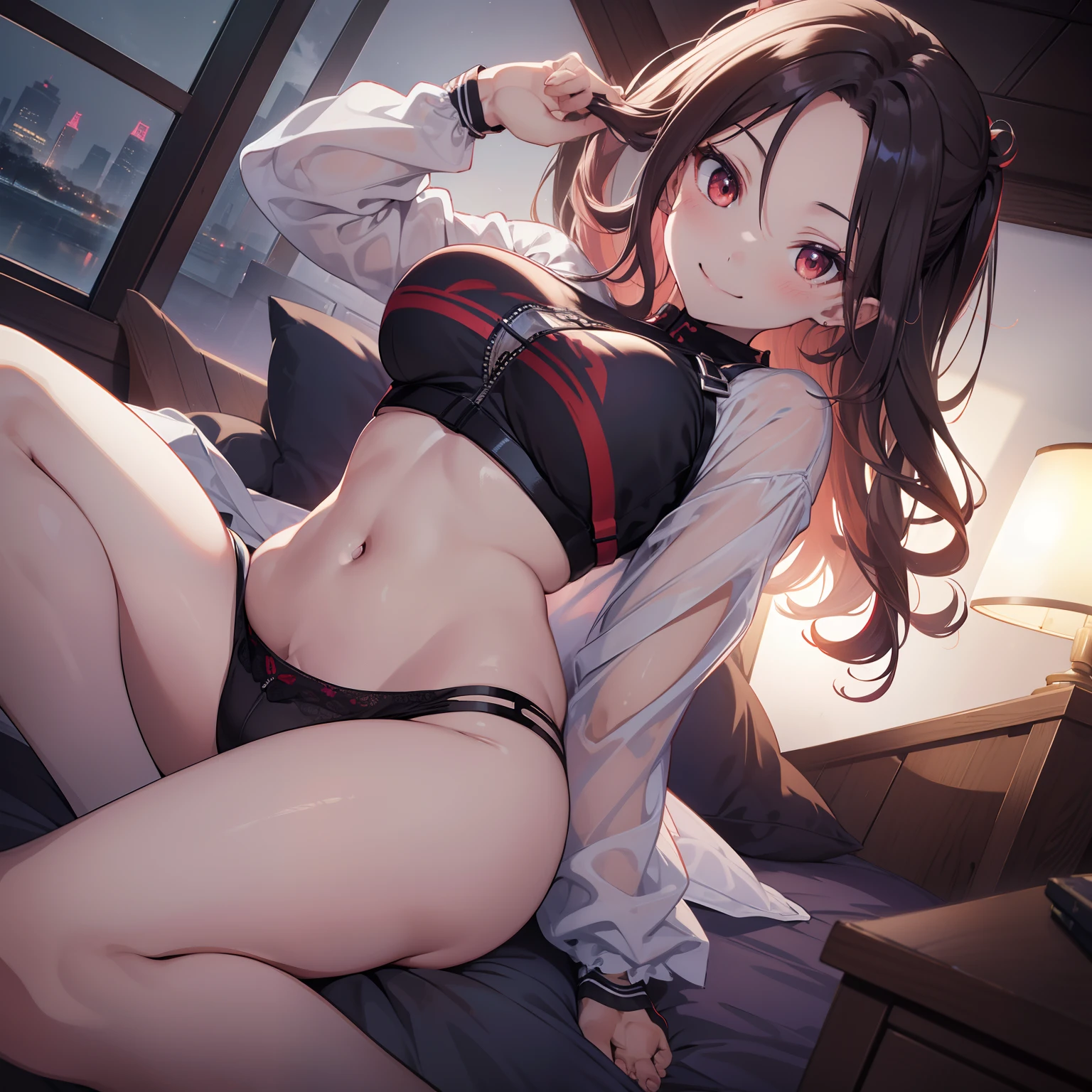 (masutepiece,Best Quality,8K),(extremely detailed CG1.1),s girl,Smile,large boob,(From below:1.2),Intricate details , Hyper realistic, Perfect Anatomy,A dark-haired,Red Eyes,(((Forehead))),Permed hair with wavy hair,(((length hair))),Hair over one eye,hair slicked back,Full body,Onepiece,blush,Happy smile,(((Bedrooms))),((Night view)),(chromatic abberation:1.3),Dynamic Angle,Looking at Viewer,Lie down