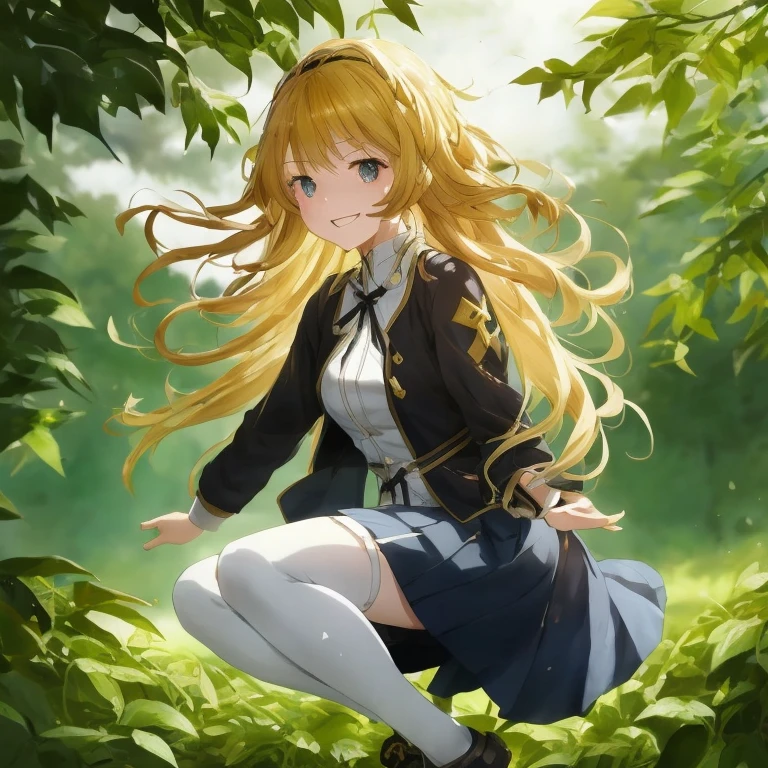 Anime girl with long blonde hair sitting on a tree branch, Fine details. girls' frontline, blonde anime girl with long hair, Violet Evergarden, cushart krenz key art feminine, from girls frontline, marisa kirisame, girls frontline style, marin kitagawa fanart, Anime visuals of cute girls, Key Anime Art, epic light novel art cover, girls frontline cg