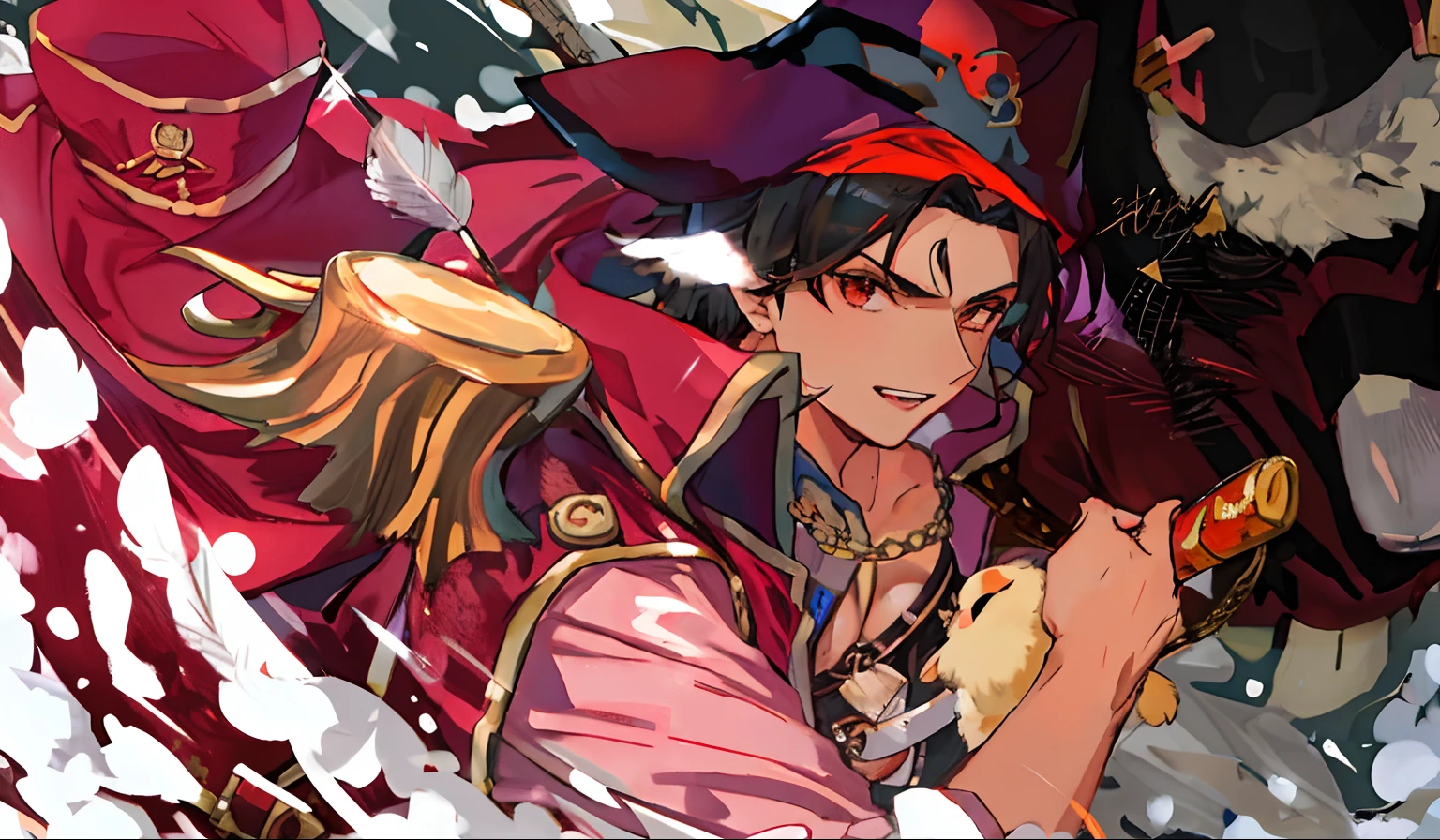 Jovem, pirata, pele morena com orelhas peludas, vestindo uma jaqueta vermelha, Red hat with a feather, Desembanhamdo uma espada pirata,