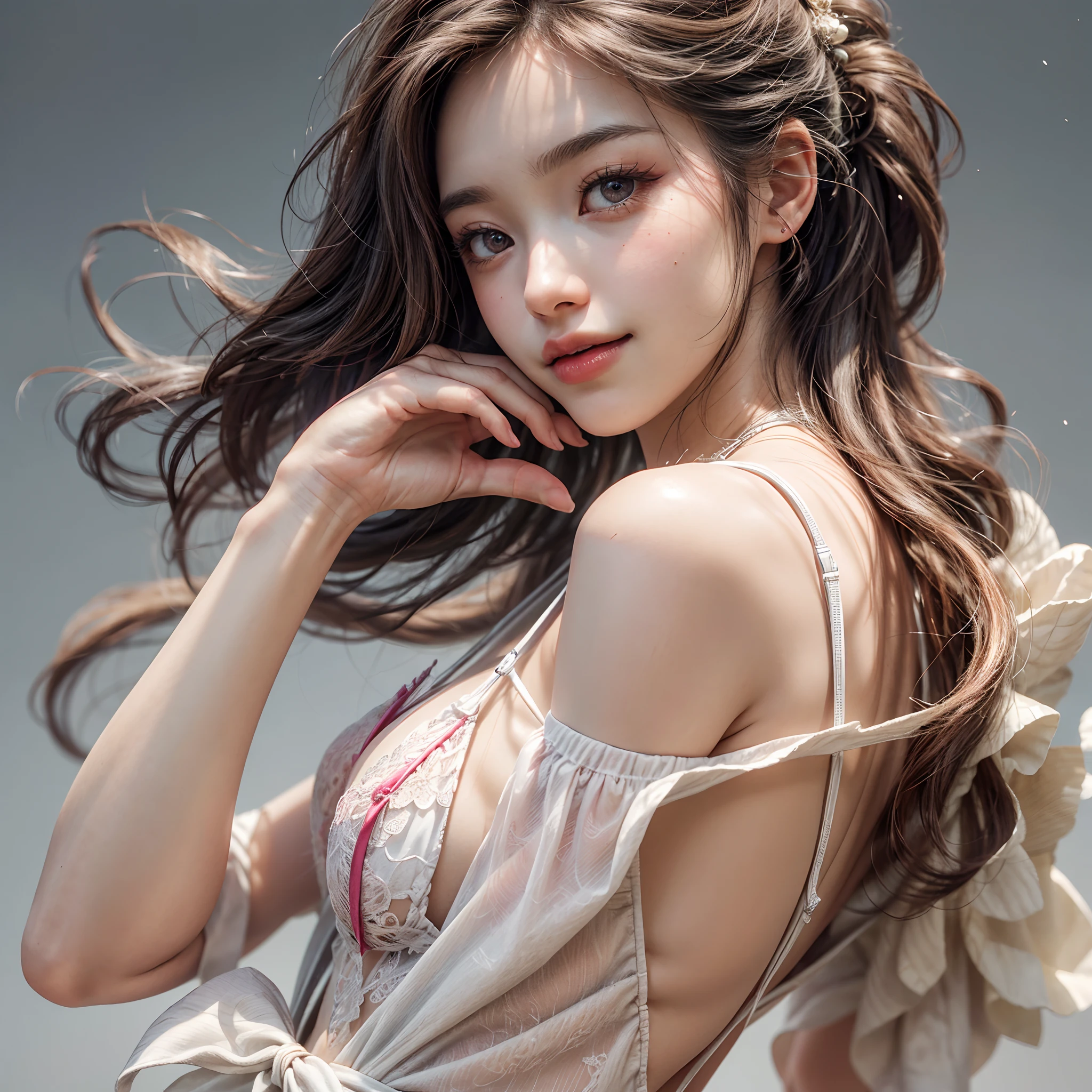 (best quality,highres,masterpiece:1.2),ultra-detailed,(realistic,photorealistic,photo-realistic:1.37),sharp focus,vivid colors,beautiful detailed eyes,beautiful detailed lips,longeyelashes,hair flowing in the wind,rosy cheeks,soft and smooth skin,natural-looking eyebrows,sparkling eyes with intricate details,subtle blush on the face,warm and inviting smile,detailed eyelashes with volume and length,sparkling highlights in the eyes,sunlit studio lighting,subtle atmospheric haze,delicate shadows on the face,impeccable skin texture,expressive facial features,life-like expressions,captivating gaze,pure joy and happiness radiating from the eyes and face, back lighting, Tiny Japanese junior idol, slingshot swimsuit, ((Dynamic-angle, physically-based rendering)), whole Body proportions and all limbs are expressed in anatomical precision,