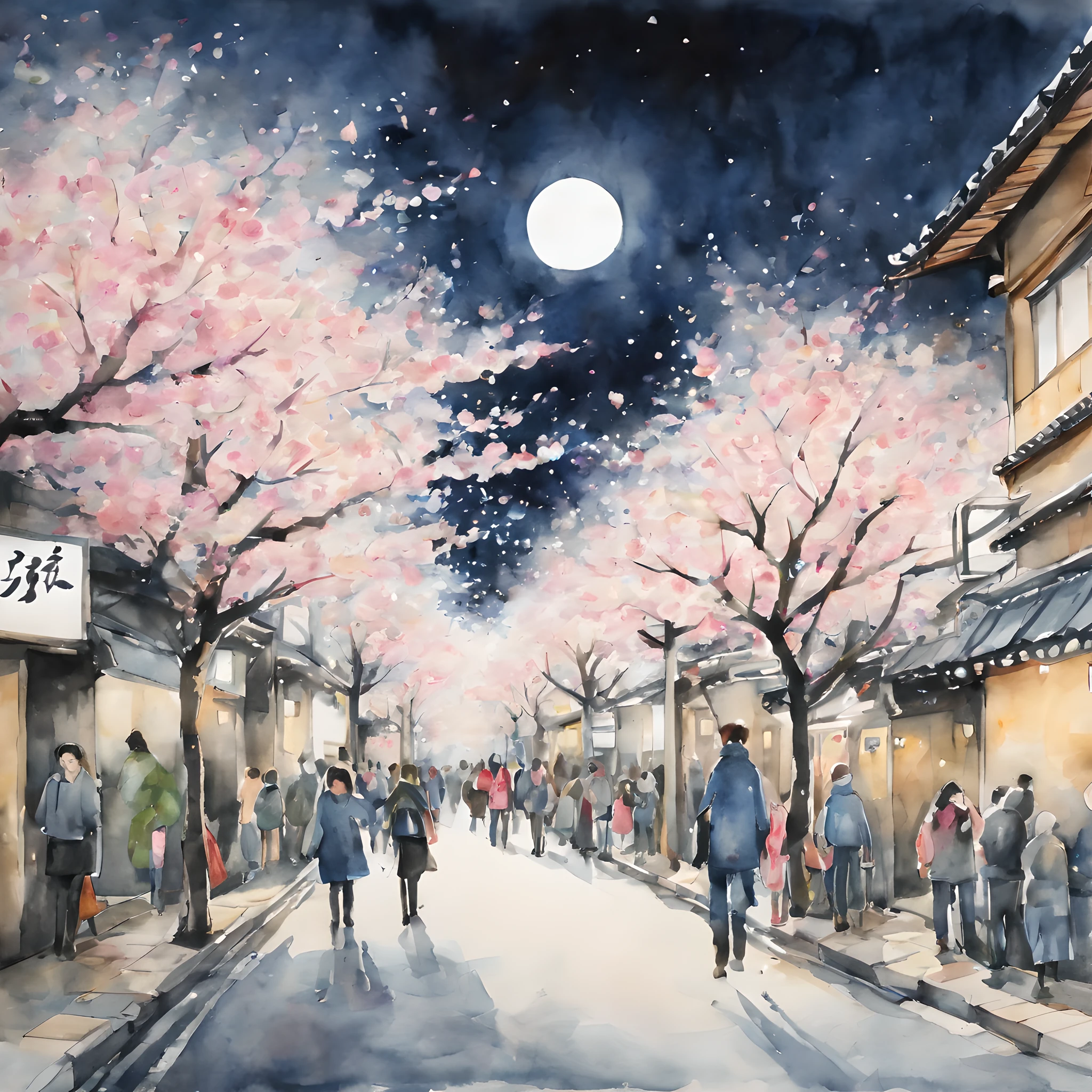 (Cherry blossom And Street:1.5), (ink and watercolor painting:1.5), (Tasteful:1.5), (ink and watercolor painting:1.5), (full color:1.5), 8k, 4k, (landscapes:1.5),(cherry blossom trees:1.5),(wind:1.5),(flying cherry blossom petals:1.5),(moutain street:1.5),(osaka:1.5),(lots of people on street:1.5),(night:1.5),(moonlight:1.5),