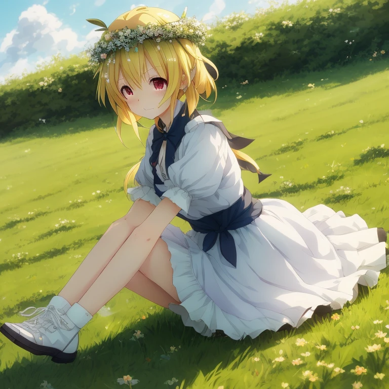 Anime girl sitting on the grass with a bird in her hand, loli in dress, Rin, Anime visuals of cute girls, Artorian Pendragon, kagamine rin, lolish, guweiz, Lori, guweiz on pixiv artstation, from touhou, Cute anime waifu in a nice dress, clean detailed anime art