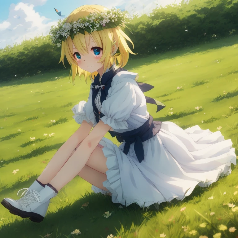 Anime girl sitting on the grass with a bird in her hand, loli in dress, Rin, Anime visuals of cute girls, Artorian Pendragon, kagamine rin, lolish, guweiz, Lori, guweiz on pixiv artstation, from touhou, Cute anime waifu in a nice dress, clean detailed anime art