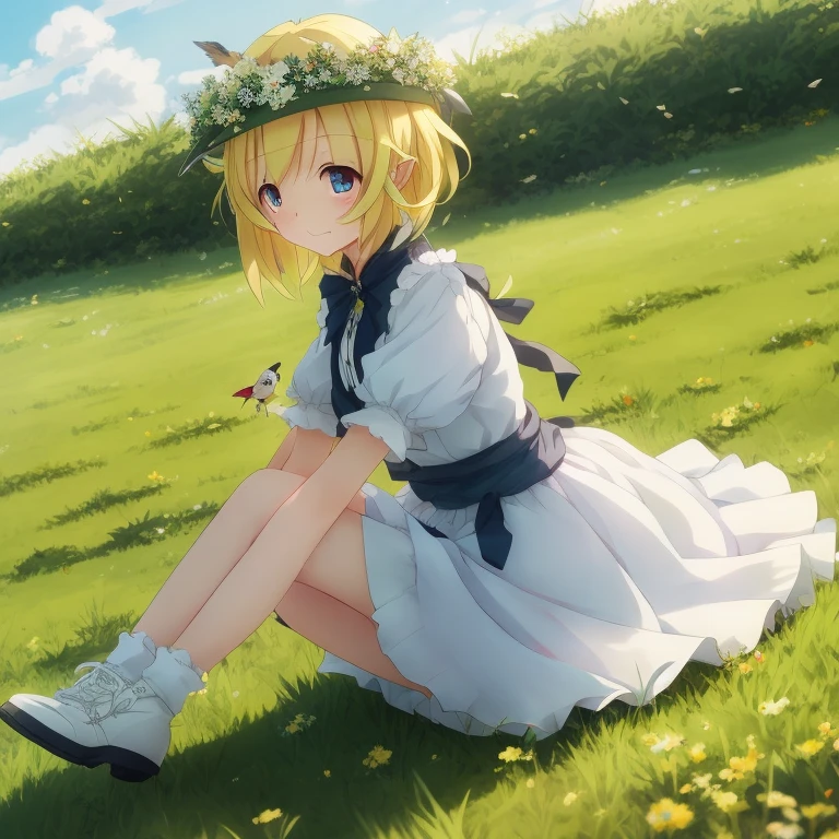 Anime girl sitting on the grass with a bird in her hand, loli in dress, Rin, Anime visuals of cute girls, Artorian Pendragon, kagamine rin, lolish, guweiz, Lori, guweiz on pixiv artstation, from touhou, Cute anime waifu in a nice dress, clean detailed anime art