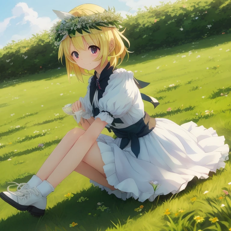 Anime girl sitting on the grass with a bird in her hand, loli in dress, Rin, Anime visuals of cute girls, Artorian Pendragon, kagamine rin, lolish, guweiz, Lori, guweiz on pixiv artstation, from touhou, Cute anime waifu in a nice dress, clean detailed anime art