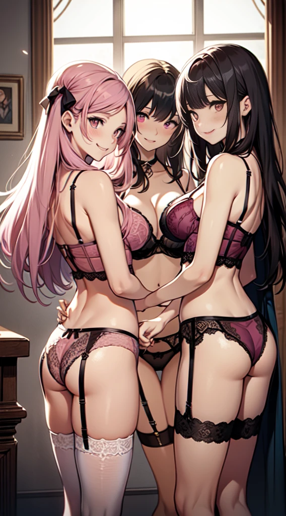 ((((Multiple characters from the harem were depicted with smiles))))、Masterpiece illustrations with the highest image quality and ultra-high resolution、4 beautiful women、Detailed eyes、Troubled face、red blush、Navel Ejection、((((Dark pink lingerie)))),Lace-trimmed bra, (Garter Belt:1.3), thighs thighs thighs thighs, cleavage, side-tie panty,(Special twine panties:1.3),garterbelts、((Angle from the rear))