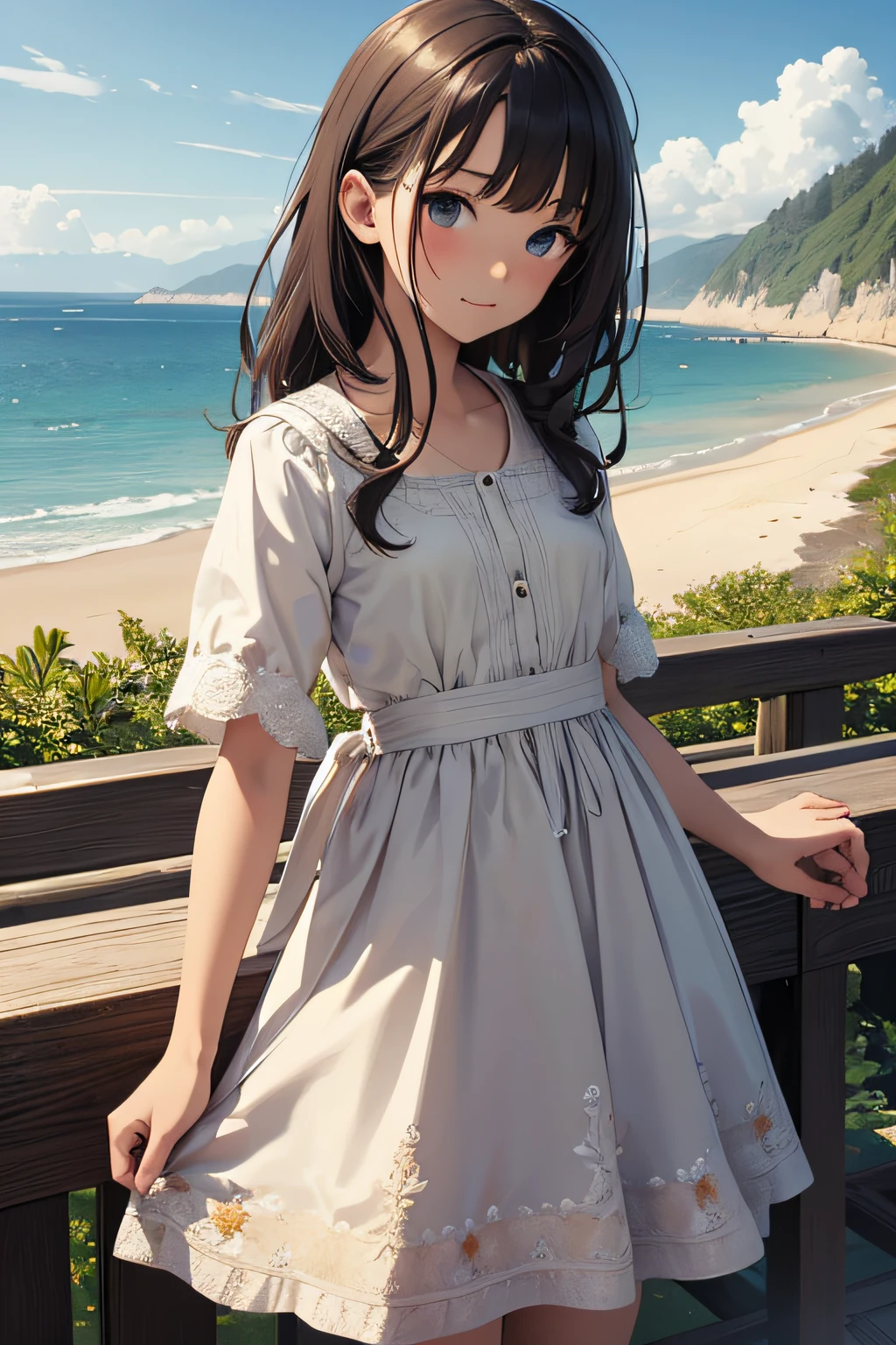 ​masterpiece、Background with（（sea side、sand beach））、15yo student、a beauty girl、small tits、Highly detailed embroidery on the dress、skirt by the、