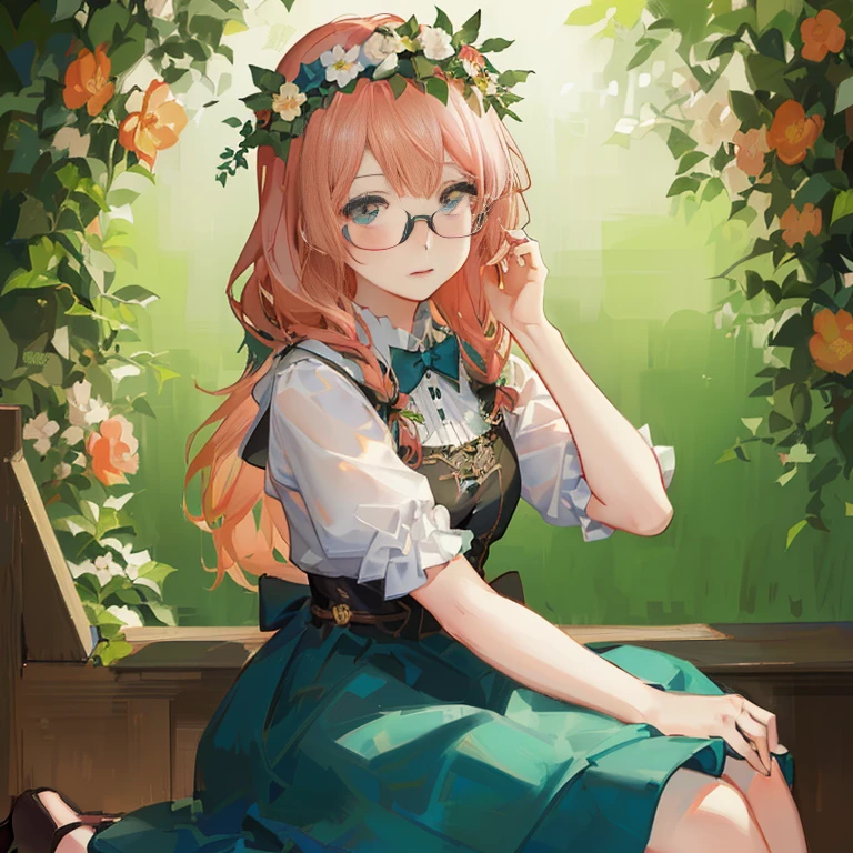 Anime girl with glasses sitting on a bench in front of a floral background, marin kitagawa fanart, high quality portrait, detailed anime character art, kawaii realistic portrait, cushart krenz key art feminine, kawacy, Cute anime waifu in a nice dress, Detailed Digital Anime Art, artwork in the style of guweiz, guweiz, Beautiful Anime Portrait