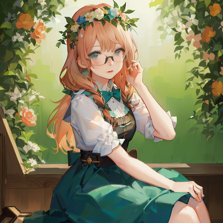 Anime girl with glasses sitting on a bench in front of a floral background, marin kitagawa fanart, high quality portrait, detailed anime character art, kawaii realistic portrait, cushart krenz key art feminine, kawacy, Cute anime waifu in a nice dress, Detailed Digital Anime Art, artwork in the style of guweiz, guweiz, Beautiful Anime Portrait