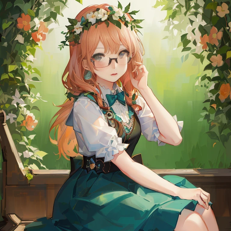 Anime girl with glasses sitting on a bench in front of a floral background, marin kitagawa fanart, high quality portrait, detailed anime character art, kawaii realistic portrait, cushart krenz key art feminine, kawacy, Cute anime waifu in a nice dress, Detailed Digital Anime Art, artwork in the style of guweiz, guweiz, Beautiful Anime Portrait
