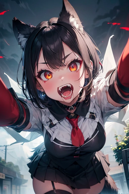 top quality, (Masterpiece: 1.3), (Maximum resolution: 1.2), (Ultra HDTV: 1.2), Cinema light, Ultra HDTV, (Detailed eyes and skin), (Detailed facial features), HDR, 8k resolution, Sharp Focus: 1.2, ((pouncing on prey : 1.4)), (dynamic angle:1.8), (dynamic pose:1.8), Perfect style, beautiful face, accurate, anatomically correct, highly detailed face and skin texture, detailed eyes, red eyes, double eyelids, thin eyebrows, glitter eyeliner: 1.2, natural cheeks, glossy skin, fair skin: 1.2, shiny little earrings, gold glossy choker, (glossy lips: 1.4), (wolf-like fangs:1.6), BREAK first-person-view, (Wearing schoolgirl uniform), (the uniform consists of jacket, mini skirt), (the uniform is deep black with red lines:1.6), (underneath her clothes, she wears string panty, garter stockings), (black eyepatch with complicated gold pattern:1.4 ), ((wild-wolf ears:1.8 )), (They are covered with thin mist :1.5), (exciting expression for battles:1.2), (baring her fangs:1.2), innocent and Cute girl, ( deep black hair), (super extra short hair:1.6), BREAK (Full body shot: 1.2), (focus on her chest), (medium large breasts:1.2), (((at night, cloudy, foggy: 1.2)), (surprising atomosphere),
