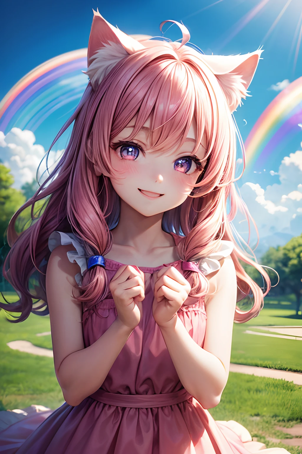 Top quality, high resolution, perfect human structure, background focus, front view, , child, park,box, rainbow hair, shiny hair, cat ears, heart shaped pupils , wavy hair, shiny hair, smiling, pink dress, beautiful,