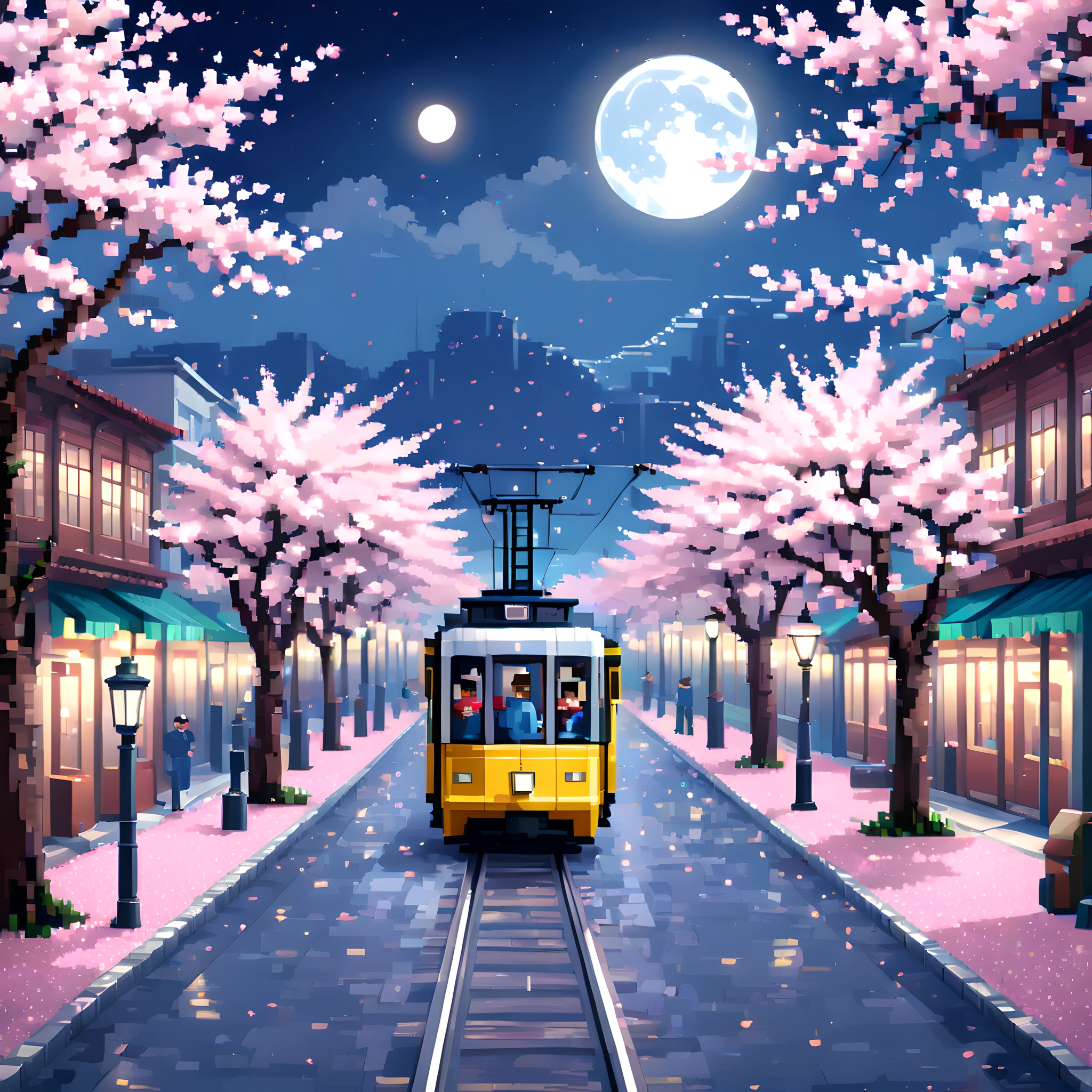 (Cherry blossom And Street:1.5),(landscape:1.5), (Pixel art:1.5), (pixel theme:1.5), (fantasy:1.5), (beautiful scenery:1.5),(landscapes:1.5),(cherry blossom trees:1.5),(tram:1.5),(tram railway centered on street:1.5),(spring:1.5),(street:1.5),(1900s:1.5),(Meiji:1.5),(Civilization and civilization:1.5), (beautiful scenery pixel art illustration:1.5),(night:1.5),(moonlight:1.5),(best quality:1.5),(masterpiece:1.5),