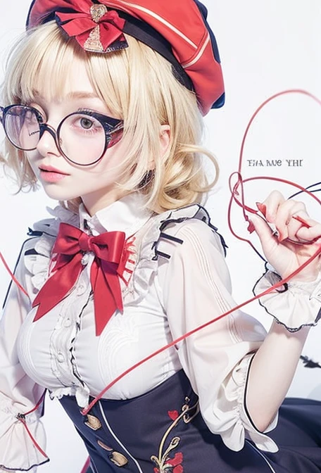 beautiful young women, blonde hair, use glasses, red hat, wearing uniform, hold red string