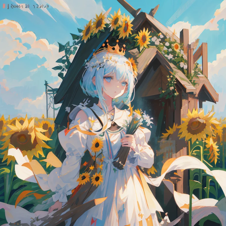 A woman in a white dress with a crown of flowers is standing in a field, Cute anime waifu in a nice dress, Beautiful anime girl, Anime visuals of cute girls, Beautiful maiden, Beautiful Anime Portrait, guweiz, guweiz on pixiv artstation, Beautiful sunflower anime girl, Official art, artwork in the style of guweiz, Beautiful anime