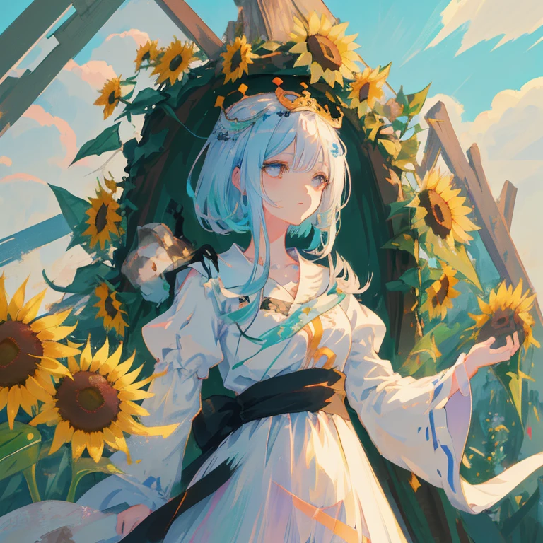 A woman in a white dress with a crown of flowers is standing in a field, Cute anime waifu in a nice dress, Beautiful anime girl, Anime visuals of cute girls, Beautiful maiden, Beautiful Anime Portrait, guweiz, guweiz on pixiv artstation, Beautiful sunflower anime girl, Official art, artwork in the style of guweiz, Beautiful anime