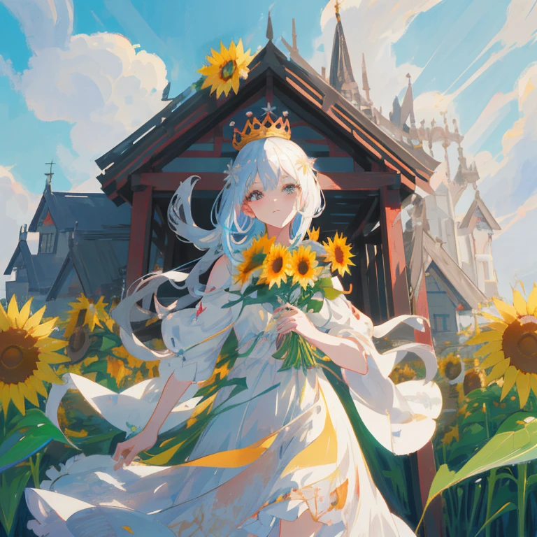 A woman in a white dress with a crown of flowers is standing in a field, Cute anime waifu in a nice dress, Beautiful anime girl, Anime visuals of cute girls, Beautiful maiden, Beautiful Anime Portrait, guweiz, guweiz on pixiv artstation, Beautiful sunflower anime girl, Official art, artwork in the style of guweiz, Beautiful anime