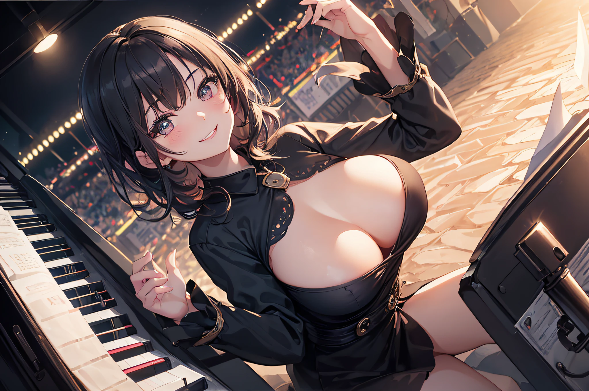 (((A woman who plays the piano、Concert、big crowd、elegant black dress))),((The woman on stage、spotlight lights)),((masutepiece,cow boy shot,angle from top,Wide background,Far corner,full body shot of)),beautiful detailed skin,Perfect human anatomy,Perfect hand,beautiful boobs,saggy tits,Portrait of a beautiful woman,Perfect face,(Cute smile,Bright smile),Cute look,Lovely emotions,Think,(Blush),seductive lips,Perfect eyes,A cinematic scene,Cinematic,fulcolor,4K,8K,RAW photo,studio portraits,professional color graded,Professional photography,(extremely delicate and beautiful art)1.3,elegant,Effective angle,Soft light,The lens glows,Soft and clear focus,photorealistic illumination and shadowing,Best quality,top-quality,A high resolution,(1girl in:1.3)