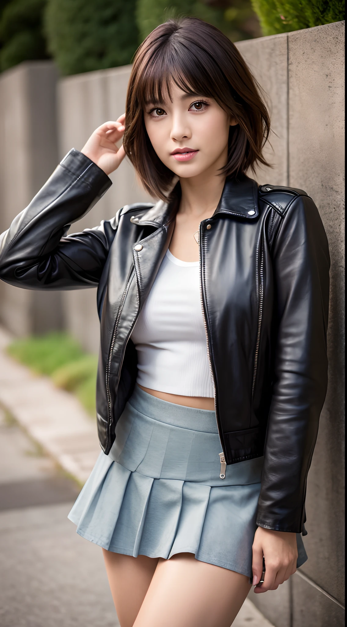 Best Quality, 8k, 32k, Masterpiece, UHD: 1.3), Attractive Japan Woman Pictures, One Girl, (full body : 1.0), Abs, Perfect Body, (leather jacket:1.0),(skirt:1.1),(boots:1.0),Ultra Detailed Face, Detailed Lips, Fine Eyes, Double Eyelids,short hair,Disheveled Hair,