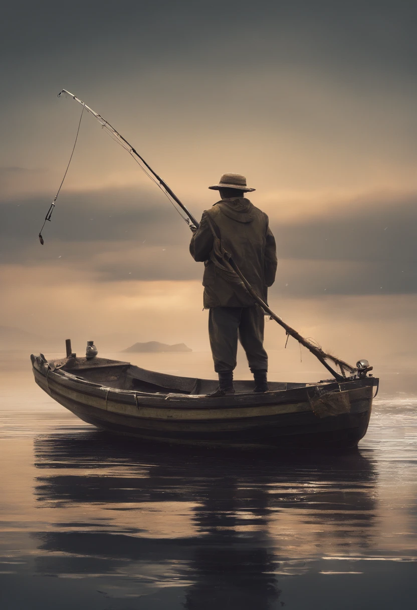 fisherman，fishing boat，Photographic works，tmasterpiece，high-class，figure portrait，8K，Movie light source，high qulity，