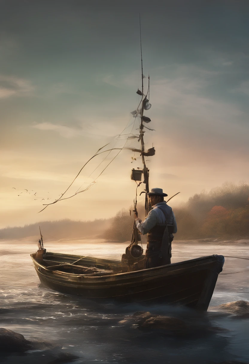 fisherman,fishing boat,Photographic works,tmasterpiece,high-class,figure portrait,8K,Movie light source,high qulity,