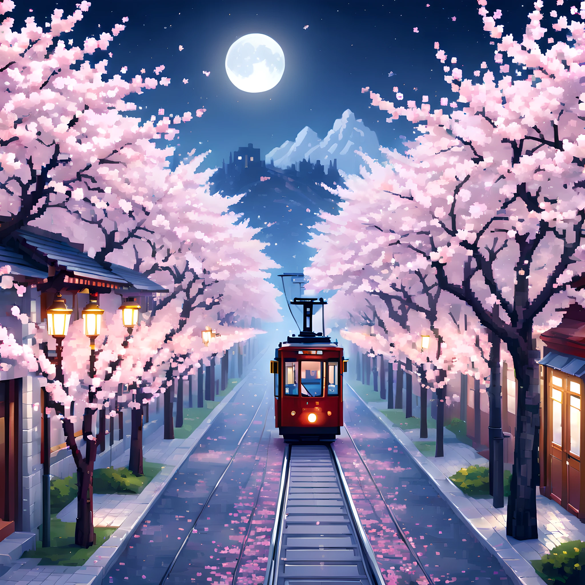 (Cherry blossom And Street:1.5),(landscape:1.5), (Pixel art:1.5), (pixel theme:1.5), (fantasy:1.5), (beautiful scenery:1.5),(landscapes:1.5),(cherry blossom trees:1.5),(tram:1.5),(tram railway centered on street:1.5)(A path lined with flourishing cherry blossom trees:1.5),(spring:1.5),(street:1.5),(1900s:1.5),(Meiji:1.5),(Civilization and civilization:1.5), (beautiful scenery pixel art illustration:1.5),(night:1.5),(moonlight:1.5),(best quality:1.5),(masterpiece:1.5),