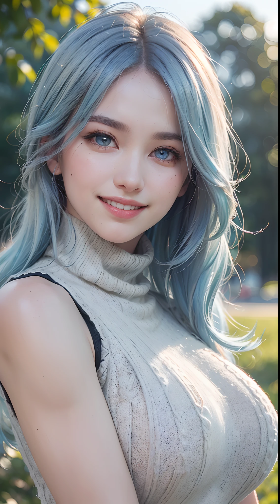 (best quality, 4k, 8k, high-res, masterpiece:1.2), ultra-detailed, (realistic, photorealistic, photo-realistic:1.37), (beautiful detailed eyes, beautiful detailed lips, extremely detailed eyes and face:1.5), (environmental lighting:1.5), physically-based rendering, vivid colors, (big tits, super big tits, super extra big tits:1.5), (white color, sleeveless turtleneck knit:1.5), (natural smile:1.5), (blue hair color, hair blowing in the wind, shiny hair, shiny skin), (park, blurred background:1.37), (tilt your head to the side:1.5),