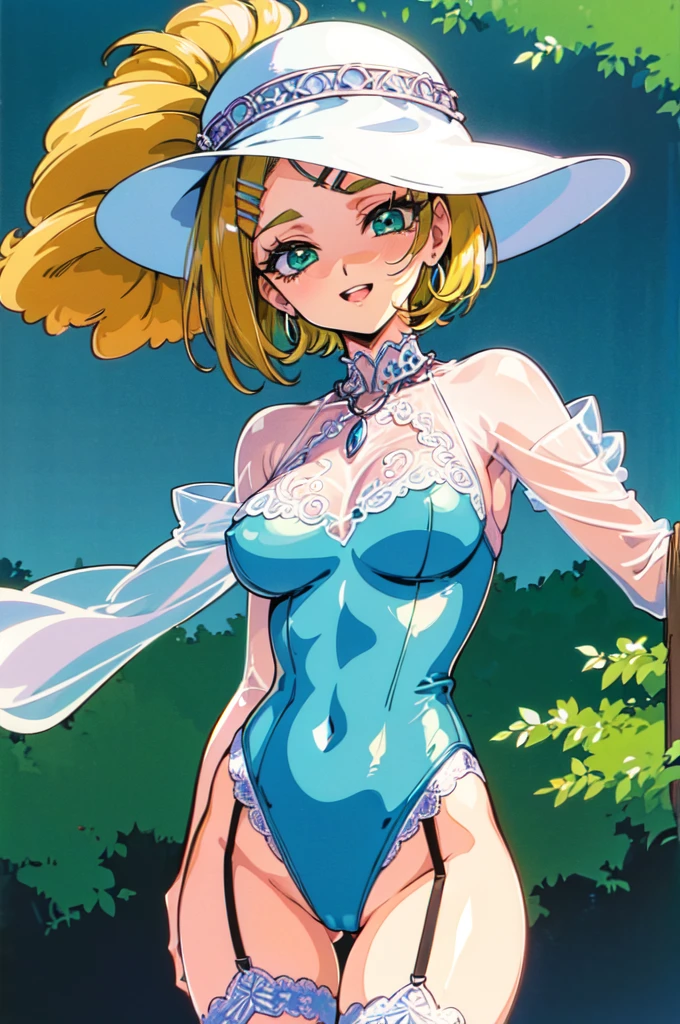 "(masterpiece:1.1), best quality,
1girl, (80s anime style:1.4), (eyelashes:1.5),(li:1.2),
(intricate high detailed body:1.2),
blonde hair,
(forehead, parted bangs, hairclip:1.1), (short hair:1.1), (holy hat:1.2),
green eyes,
(large breasts:1.1),
grin, open mouth,
(see-through lace leotard armor:1.2), (garter belt:1.1),
(belts:1.1), (hoop earrings:1.1), crystal necklace,
standing, arms behind back,
(cowboy shot, looking at viewer, from front:1.1),
(daytime, grassland, outdoors:1.1)"