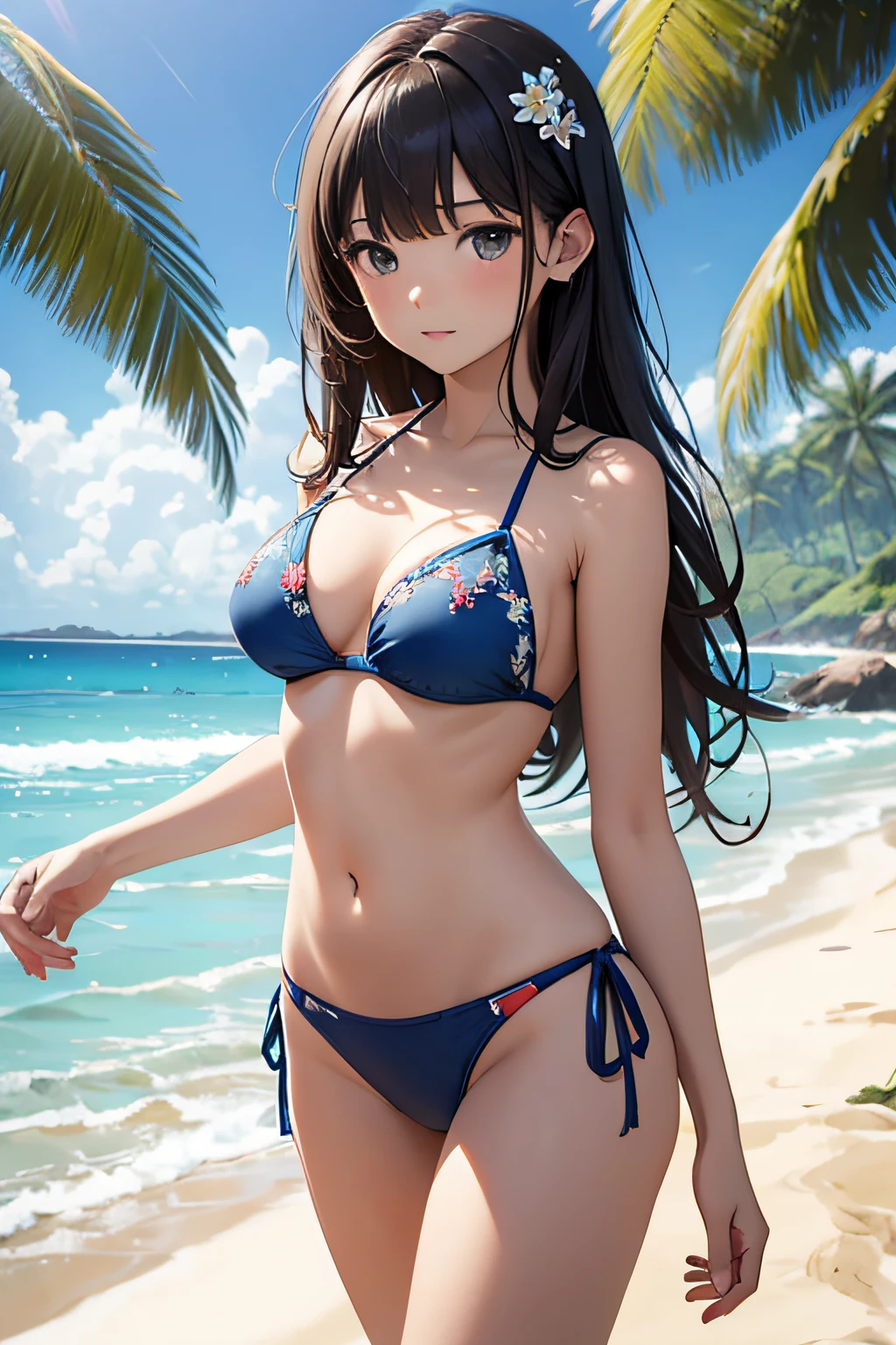 masterpiece、Background with((sea side、sand beach))、、a beauty girl、Detailed embroidery on the bikini、