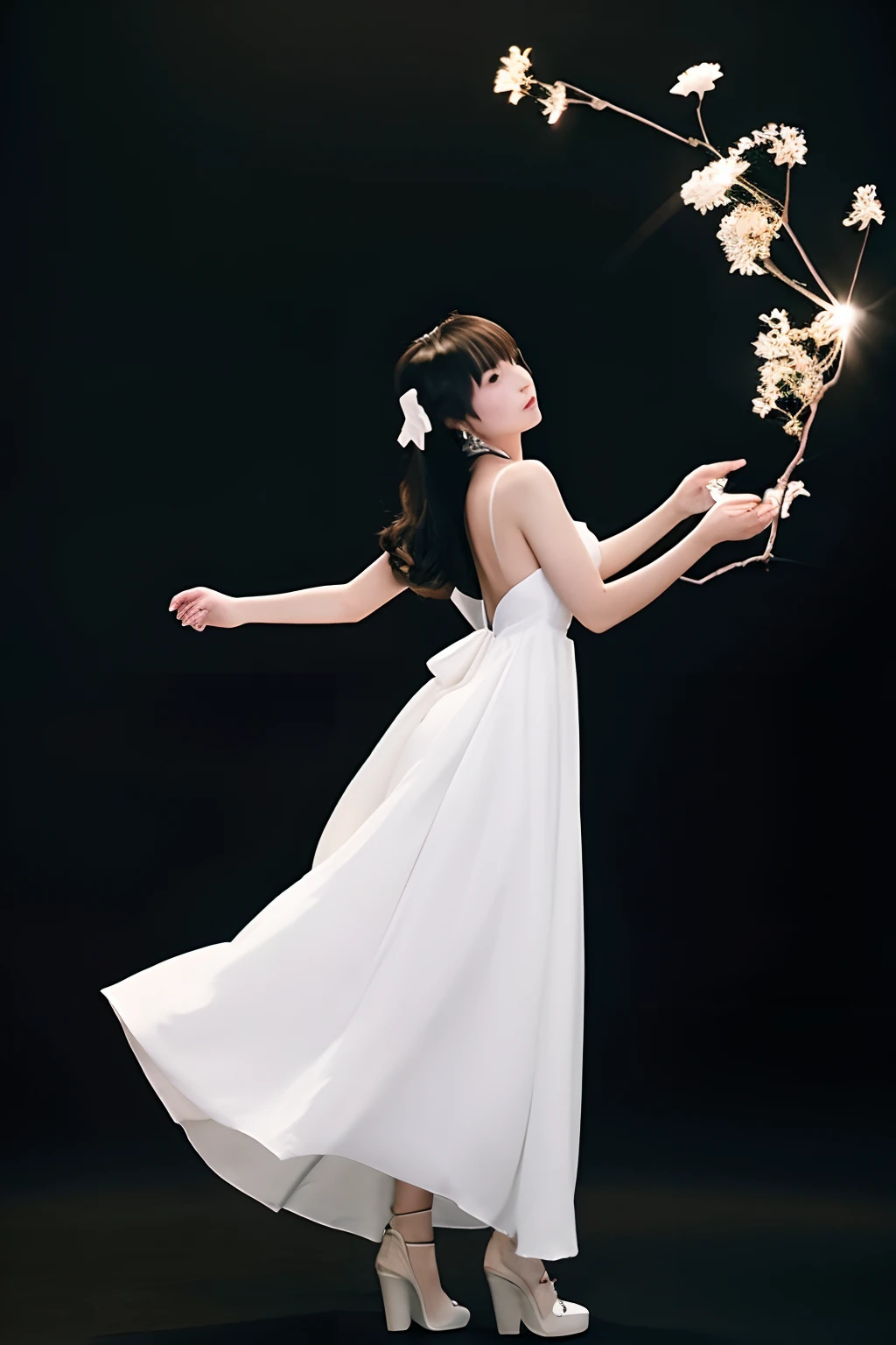 japanes,a beauty girl,Black background,White dress,With your back turned,turned around,Floating like a fairy from the ground,Extend your right hand upwards,shoe,full bodyesbian