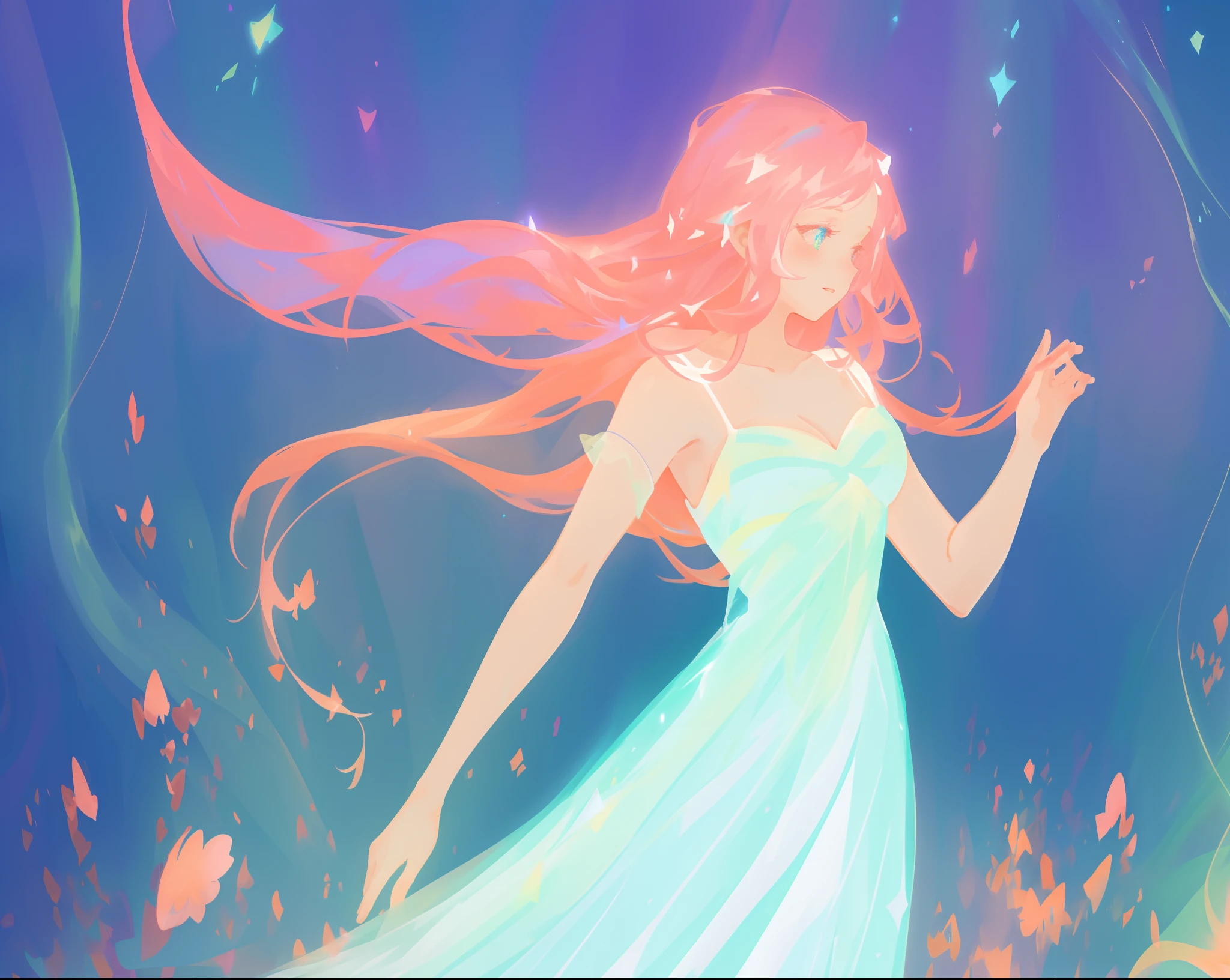 beautiful girl in glowing white dress, ((flowing white ballgown)), vibrant pastel colors, (colorful), magical lights, long flowing colorful pink hair, ((glowing aura around her)), flowing glowing hair, fantasia landscape background, whimsical, magical, fantasy, beautiful face, ((masterpiece, best quality)), intricate details, highly detailed, sharp focus, 8k resolution, sparkling detailed eyes, liquid watercolor